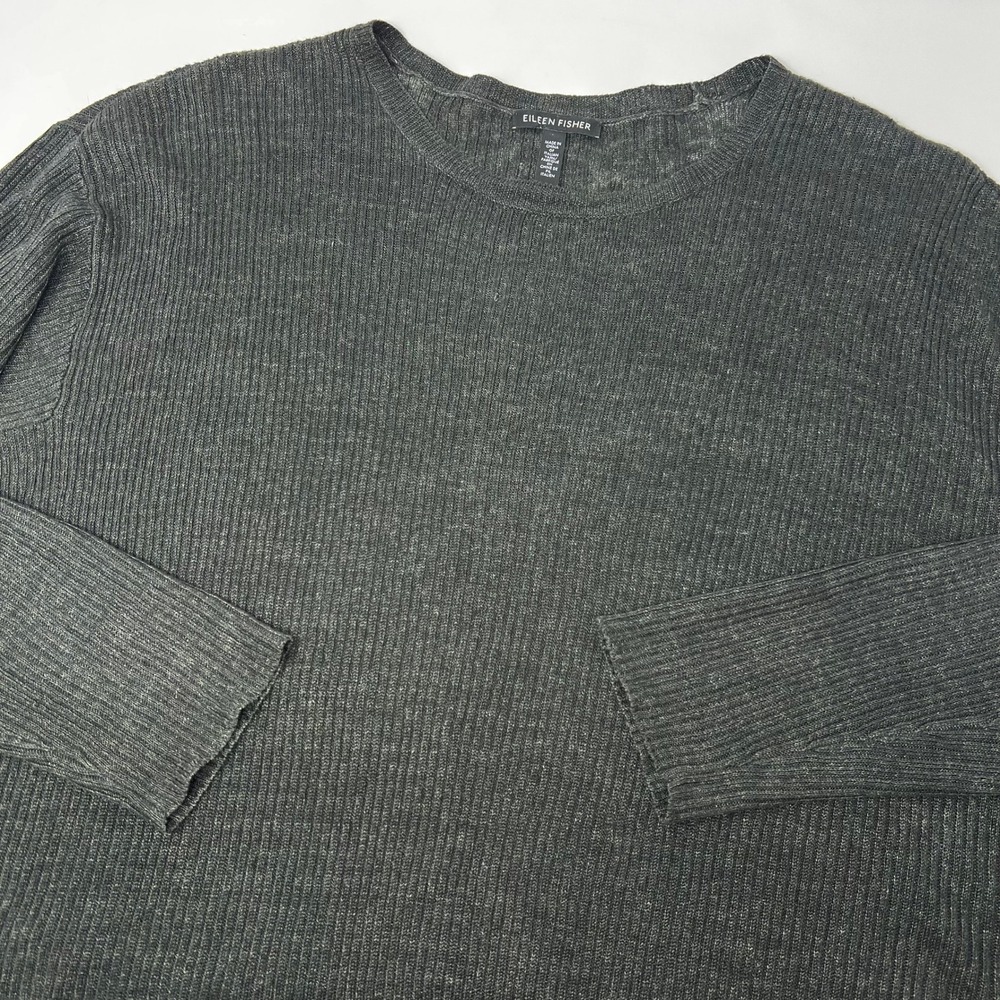 Eileen Fisher Women Organic Linen Ribbed Knit Tunic Sweater Charcoal Gray Medium